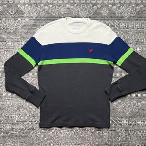 American Eagle Thermal Vintage Fit Long Sleeve Shirt Striped Mens Small Waffle